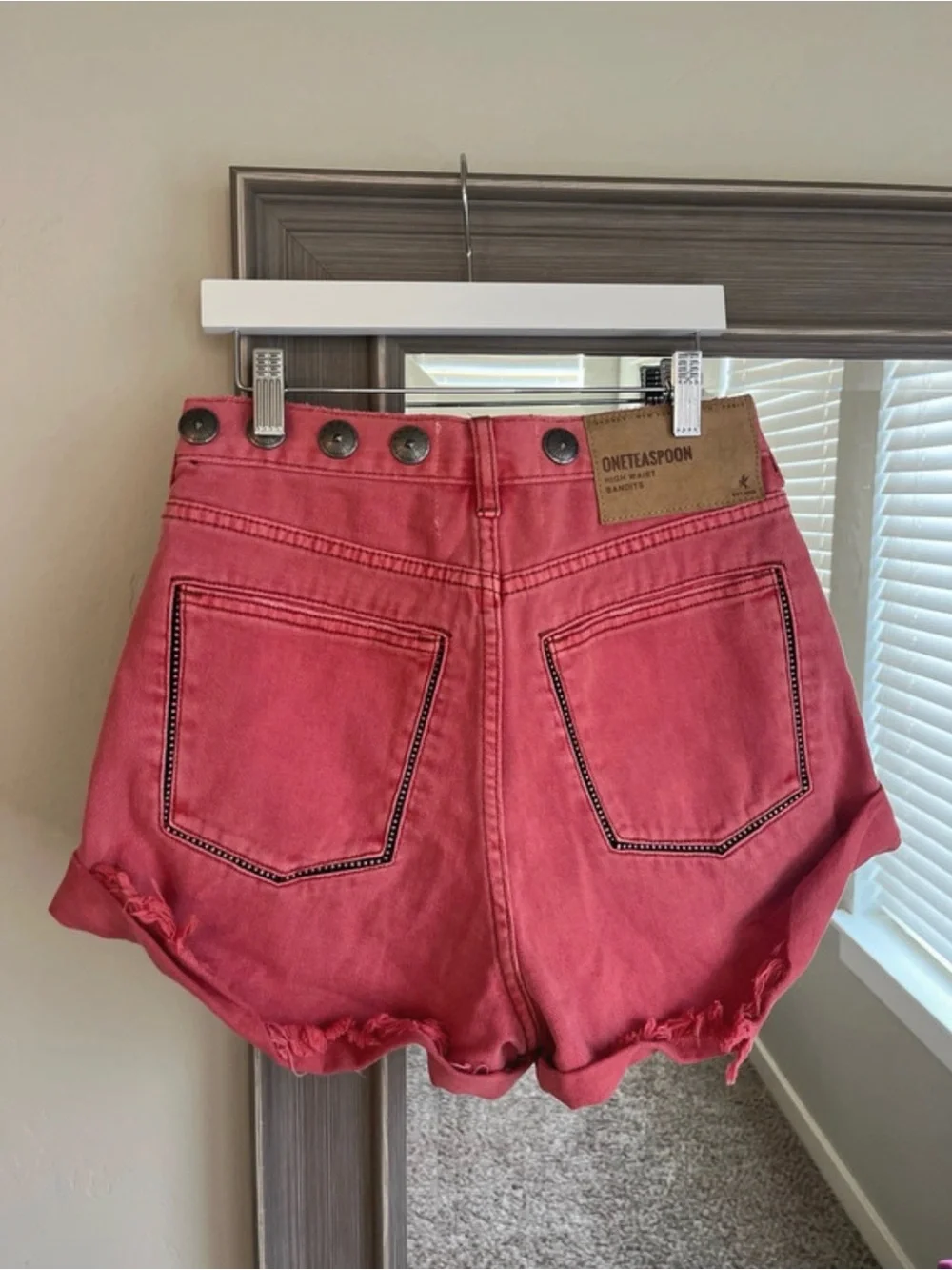 One Teaspoon High-Rise Coral Denim Jeans with Decorative Buttons